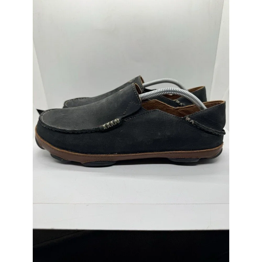 OLUKAI Moloa Leather Nubuck Mens Size 10.5 Black Slip On Shoes 10128 4033